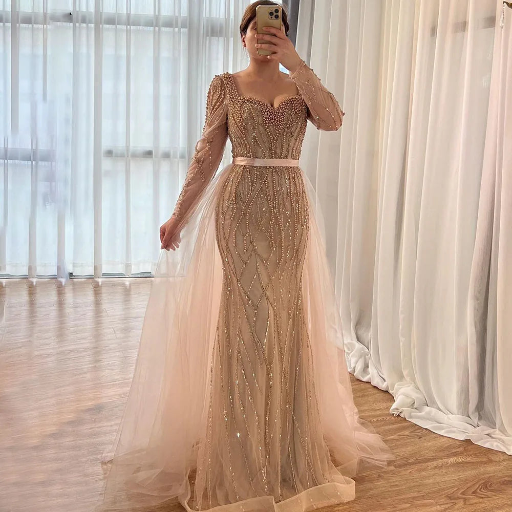 Vestido de noche elegante árabe con cuentas y perlas de lujo de sirena azul para mujer, fiesta de bodas LA71861