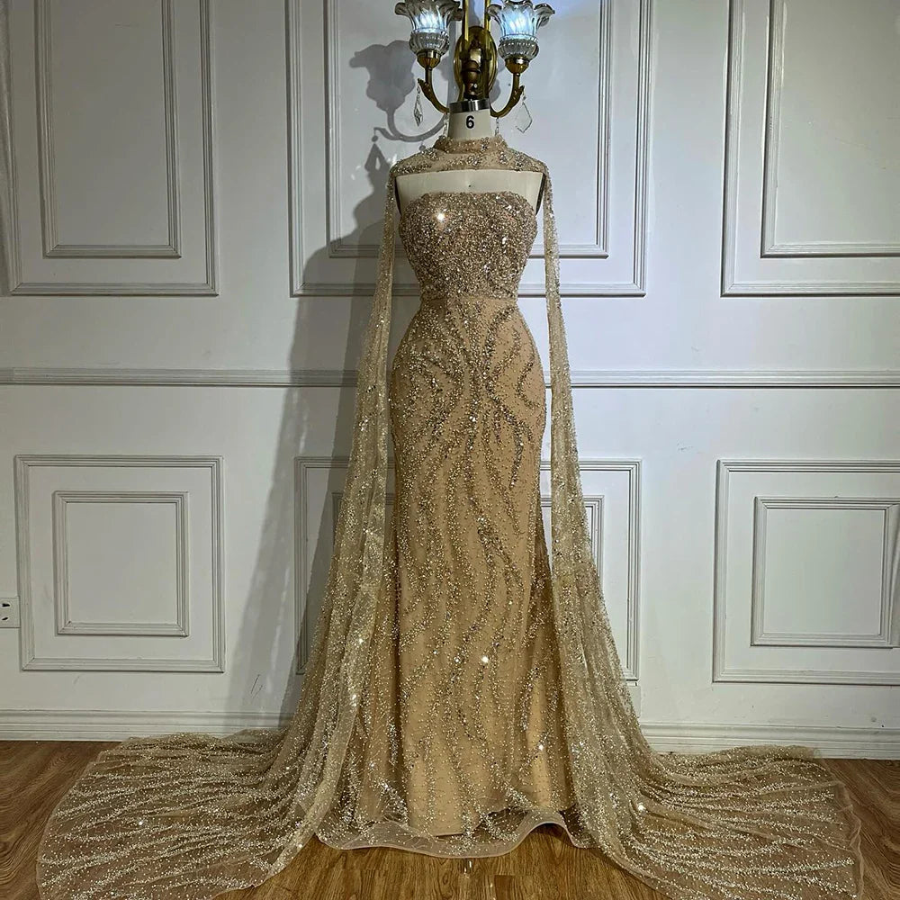 Vestidos de noche de sirena color piel con mangas capa desmontables y espalda con cordones para ocasiones formales LA72824