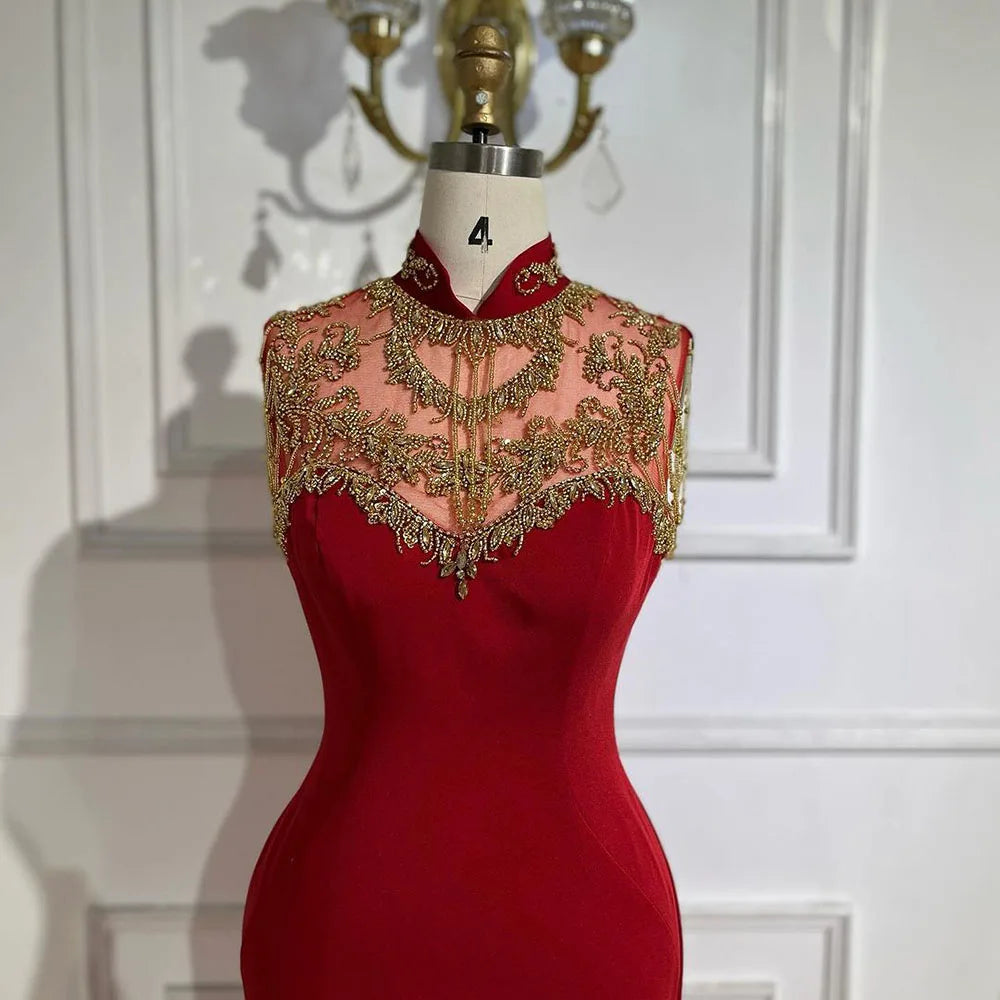 Elegante vestido de noche árabe de sirena color vino tinto con cuentas de satén de lujo estilo Dubái para mujer, vestido de fiesta de boda 2025 LA72556