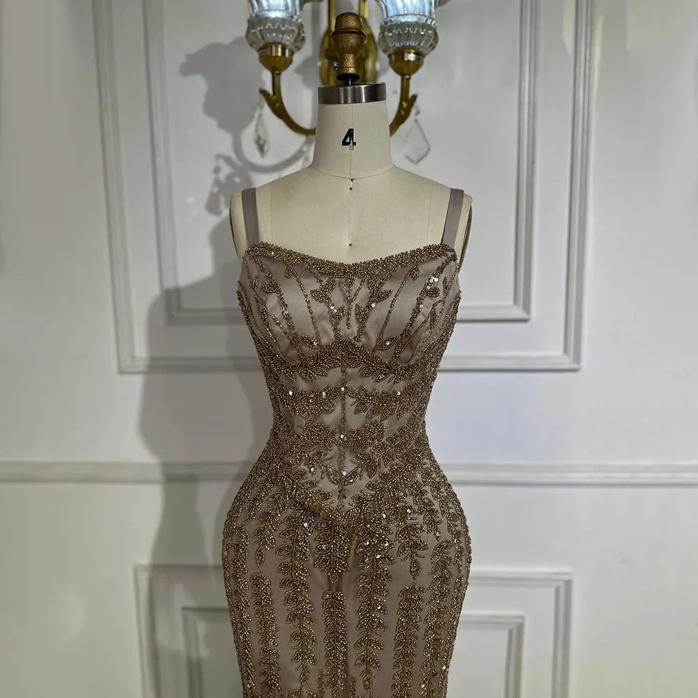 2025 Arabisches blaues Meerjungfrauenkleid mit Spaghettiträgern, luxuriöses perlenbesetztes Abendkleid aus Saudi-Arabien für formelle Anlässe LA72725