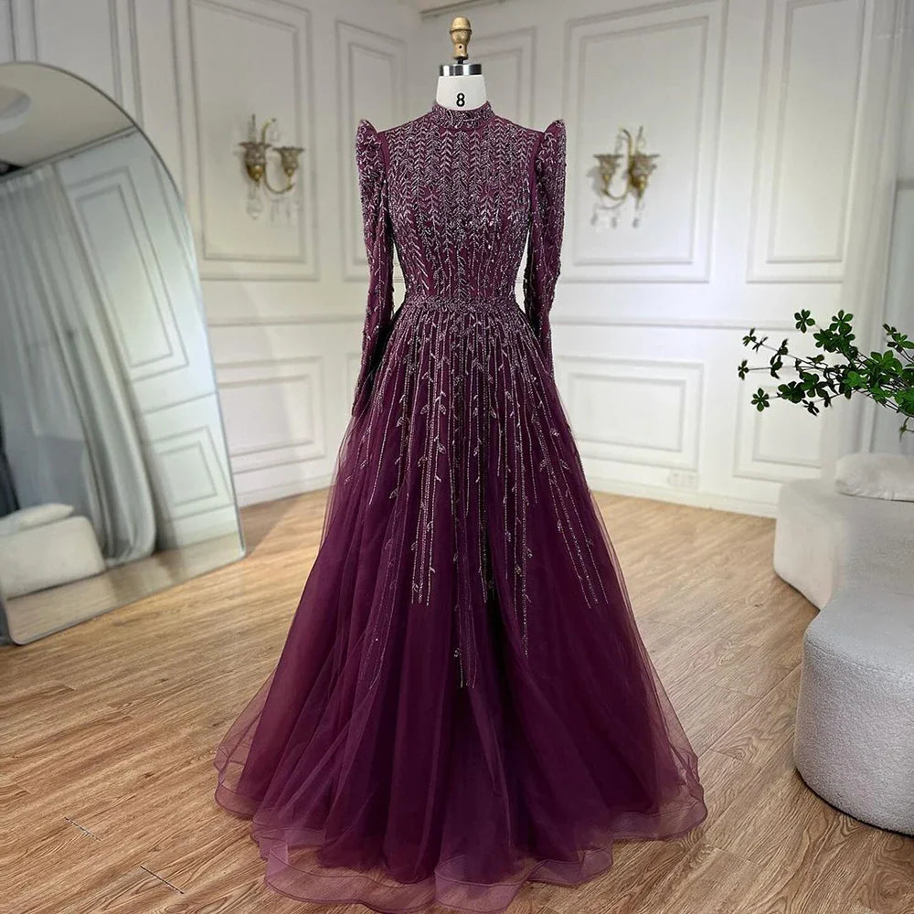 Vestidos de noche de lujo verde salvia de diseñador árabe de Dubái con cuentas, corte A, para mujer, para boda, fiesta, 2025, LA72342