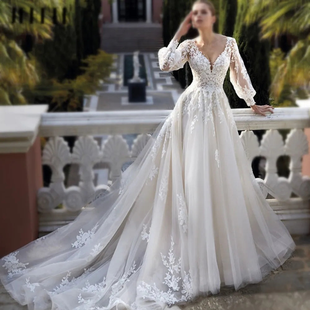 Exquisite Wedding Dresses For Women V Neck Lace Applique A Line Bridal Gowns With Long Puff Sleeves Vestido De Noiva-payinti