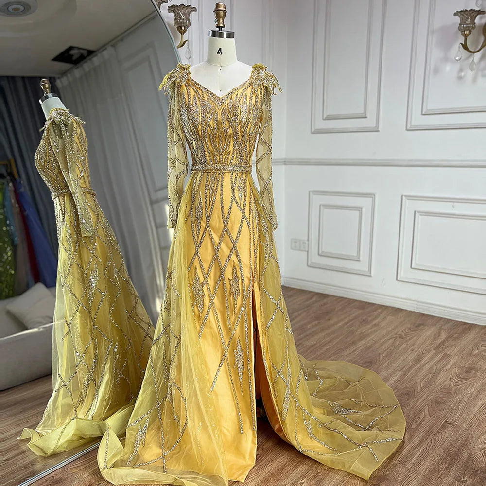 Muslim Gold Mermaid With Overskirt Beaded Luxury Dubai Evening Dresses Gowns 2025 For Women Wedding Party LA72211