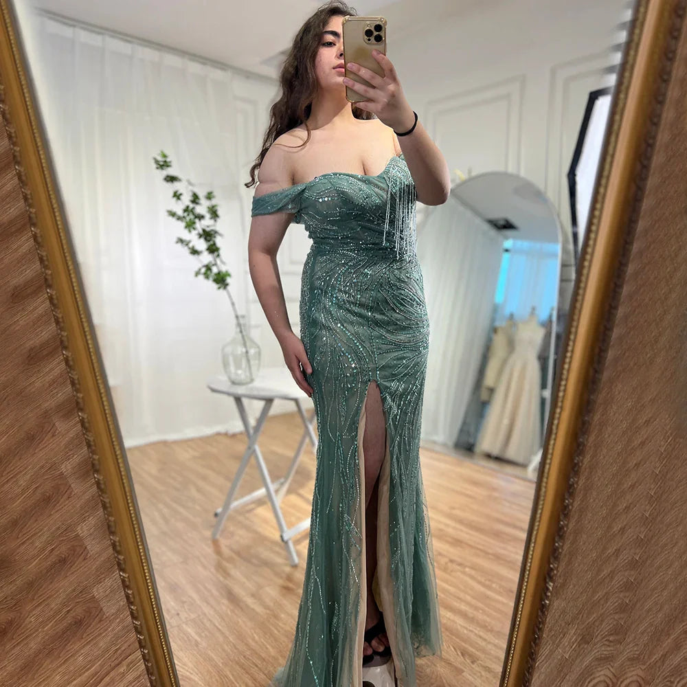 Vestidos de noche de sirena de lujo verde 2025, mangas casquillo, con cuentas, elegantes para mujer, fiesta LA71438