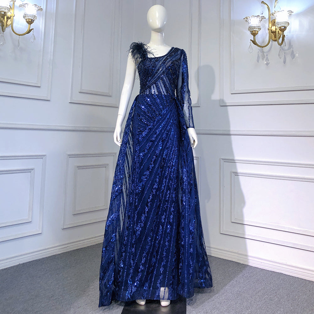 Vestido de noche de sirena con sobrefalda azul, elegante, de lujo, con cuentas y un solo hombro, para mujer, fiesta, LA71608