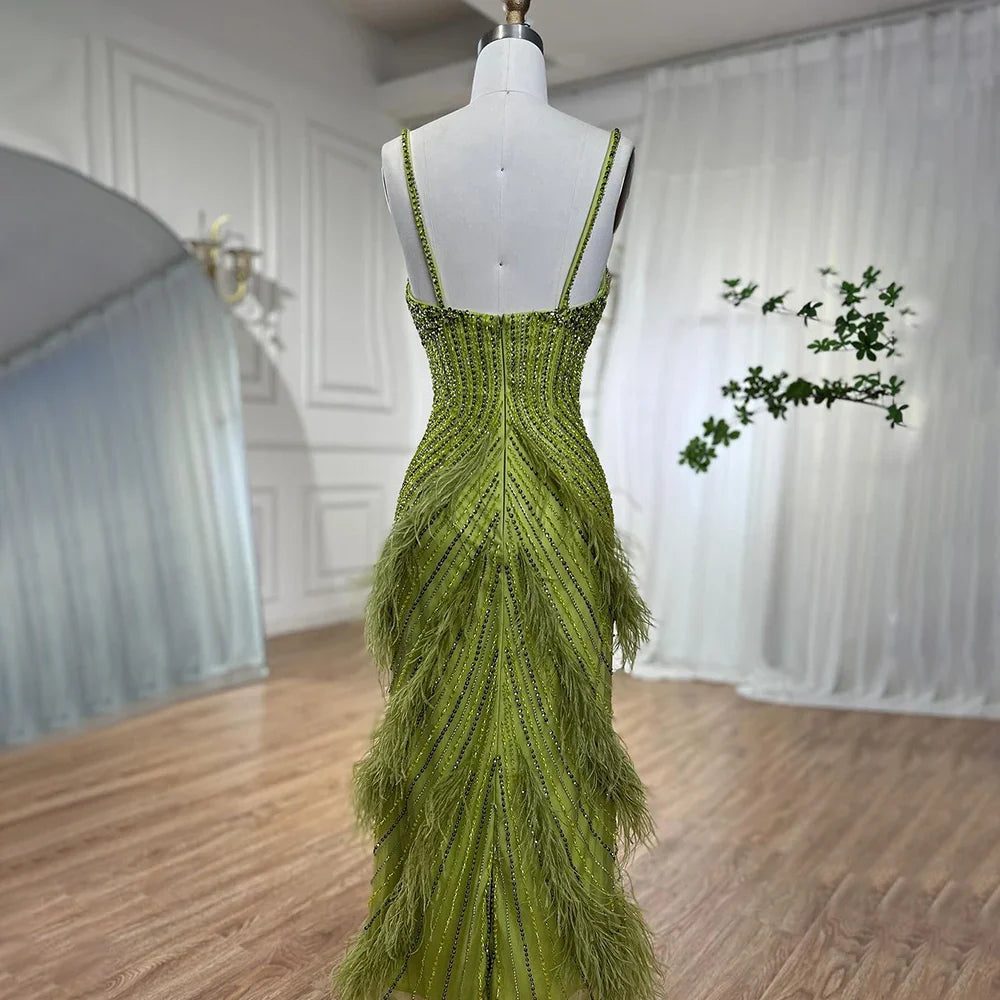 En oferta, sin devolución ni reembolso, vestido de noche de sirena con plumas de color verde amarillo, con cuentas y largo hasta el tobillo, vestidos de fiesta 2025 para mujer LA72055