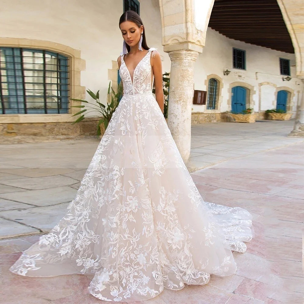 Gorgeous A-line Tulle Appliques Lace Wedding Dress V-neck Vestidos De Novia Open Back Princess Vestido De Noiva-payinti