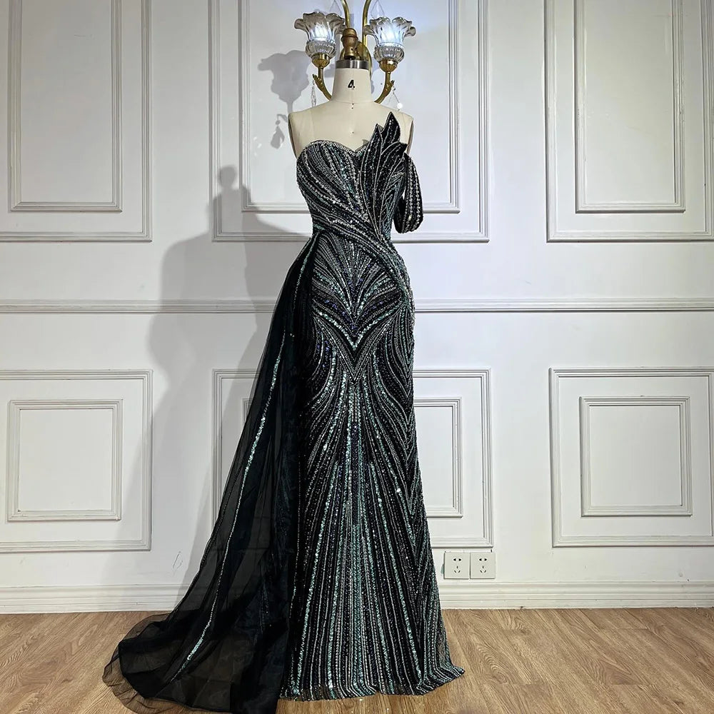 2025 Arabisch Blau One-Shoulder Luxus Dubai Abendkleid mit Seite Überrock Perlen Kleid für Frauen Party LA72662