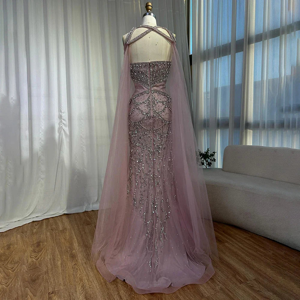 2025 Nude Cape Sleeves Beaded Crystal Arabic Evening Dresses Gowns For Women Wedding Party LA72806