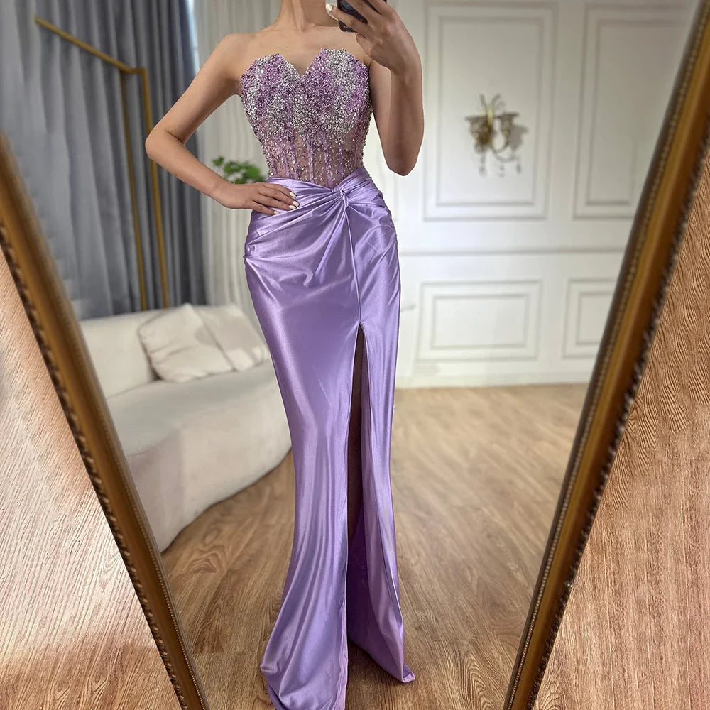 Luxury Dubai Lilac Split Strapless Mermaid Beaded Arabic Evening Dresses Gowns for Women Wedding Party 2025 LA72329