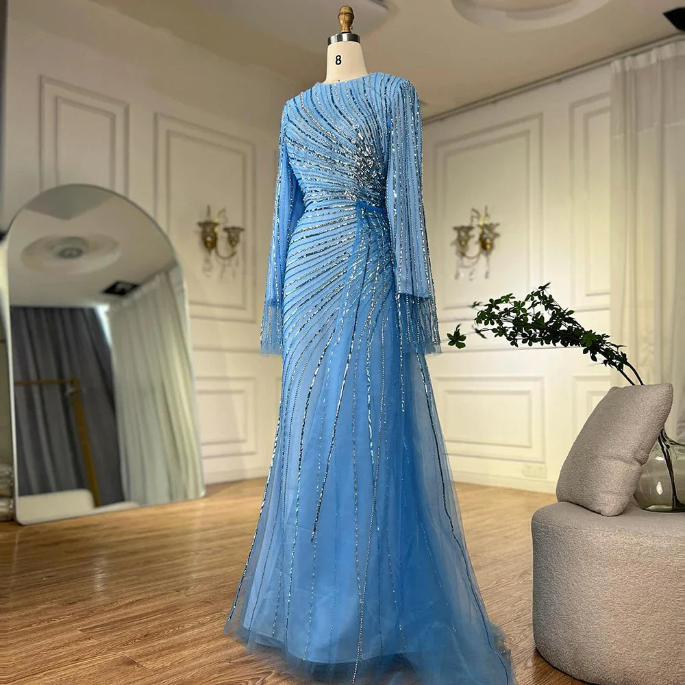 Vestidos de noche saudíes elegantes con cuentas azules, estilo árabe, para ocasiones formales, LA72822, 2025