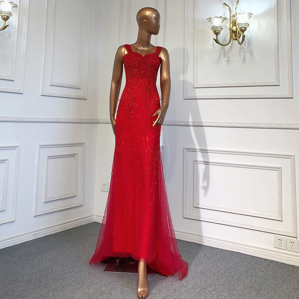 Vestidos de noche de lujo con escote sirena rojo, 2025, con cuentas, sexys y elegantes para mujer, para fiesta, LA71613