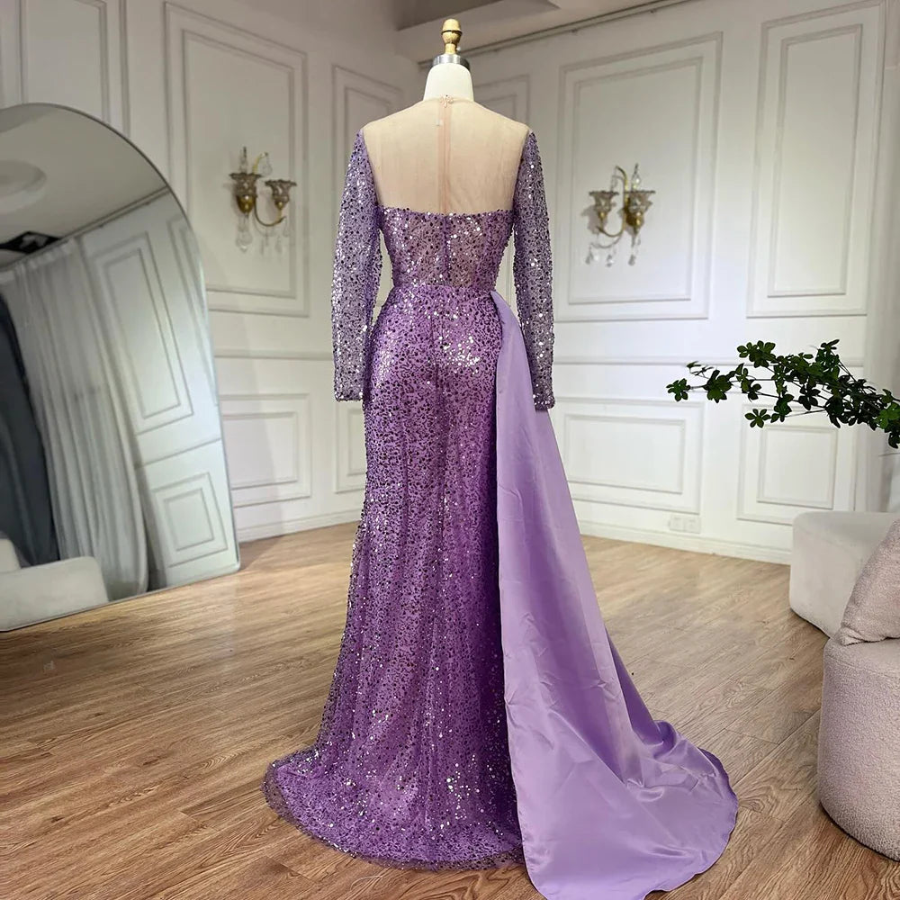 Elegante vestido de noche morado de sirena con sobrefalda y perlas de lujo para mujer, ideal para bodas y fiestas LA72429