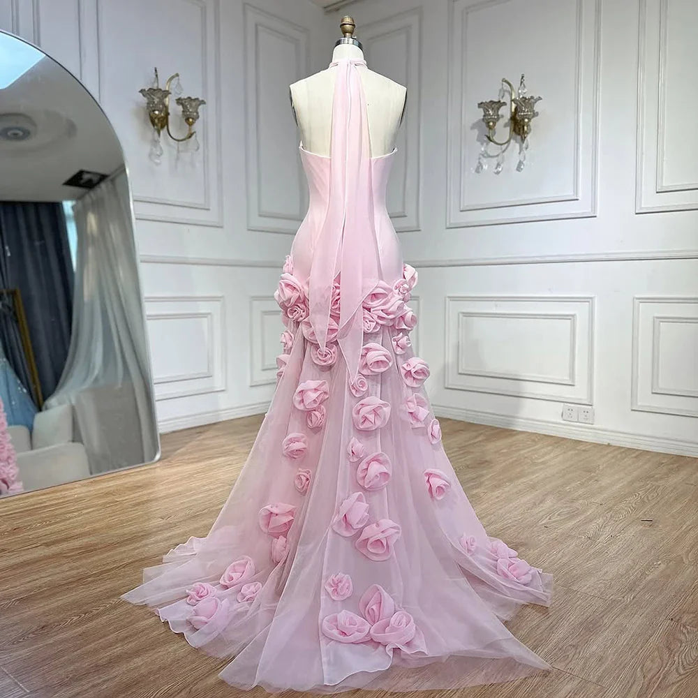 Elegantes Abendkleid für Mädchen, arabisch-rosa, 3D-Blumen, elegantes schulterfreies Kleid, seitlicher Schlitz, Abschlussball-Partykleider LA72568