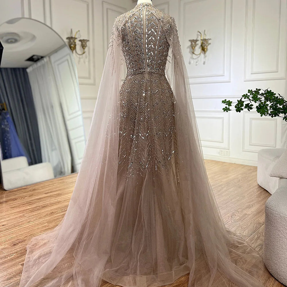 Vestido de noche azul con cuentas, corte A y mangas estilo capa LA72728