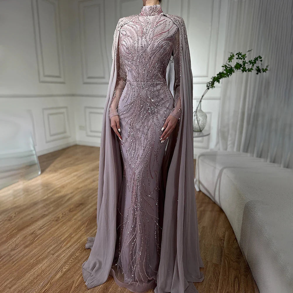 Muslim Sage Green Mermaid Cape Sleeves Beaded Satin Luxury Evening Dresses Gowns for Women Party 2025 LA72413A