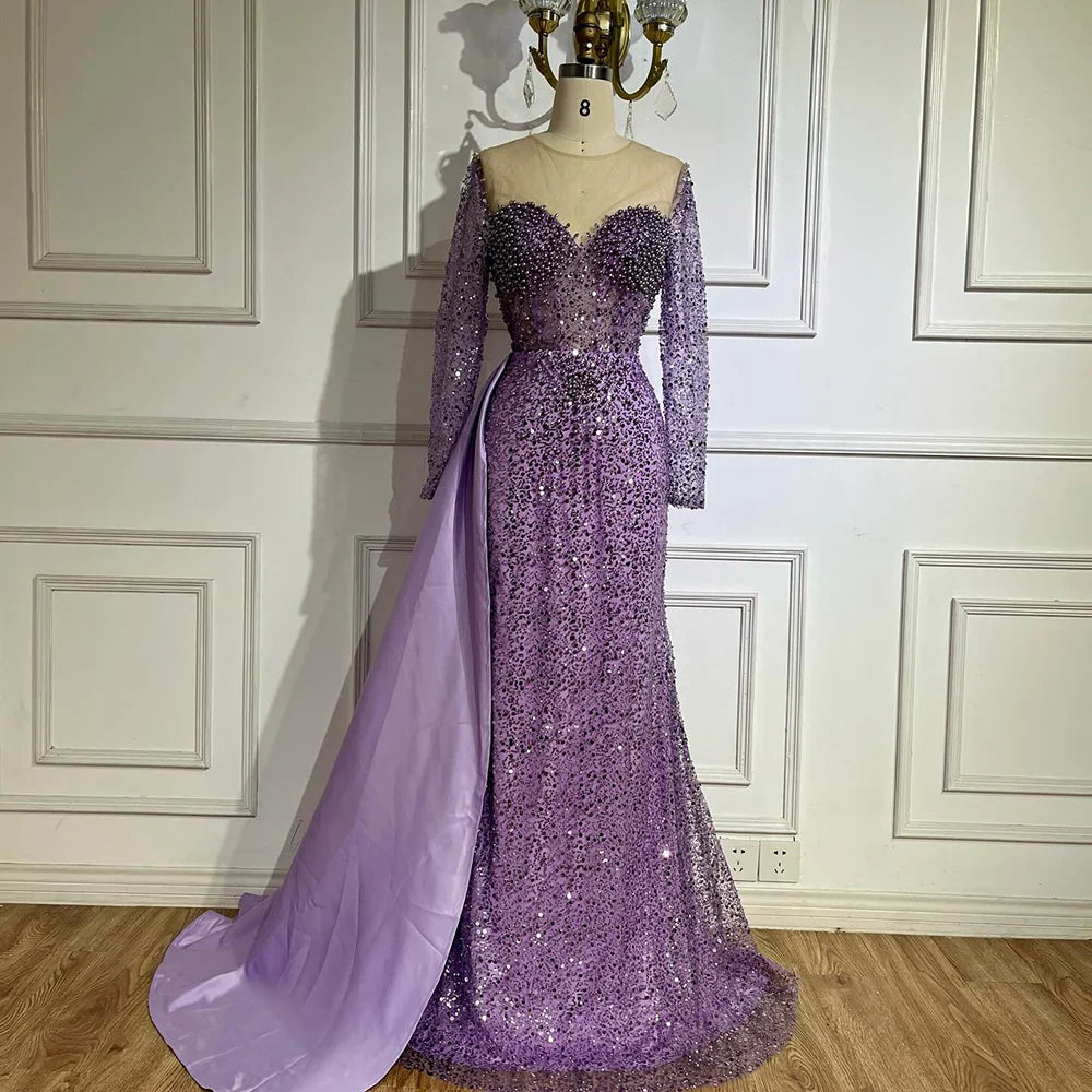 Elegante vestido de noche morado de sirena con sobrefalda y perlas de lujo para mujer, ideal para bodas y fiestas LA72429