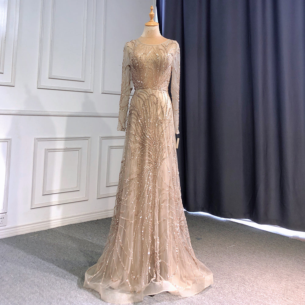 Vestidos de noche de lujo color caramelo, corte A, cuello redondo, manga larga, con cuentas, para mujer, fiesta, LA71667