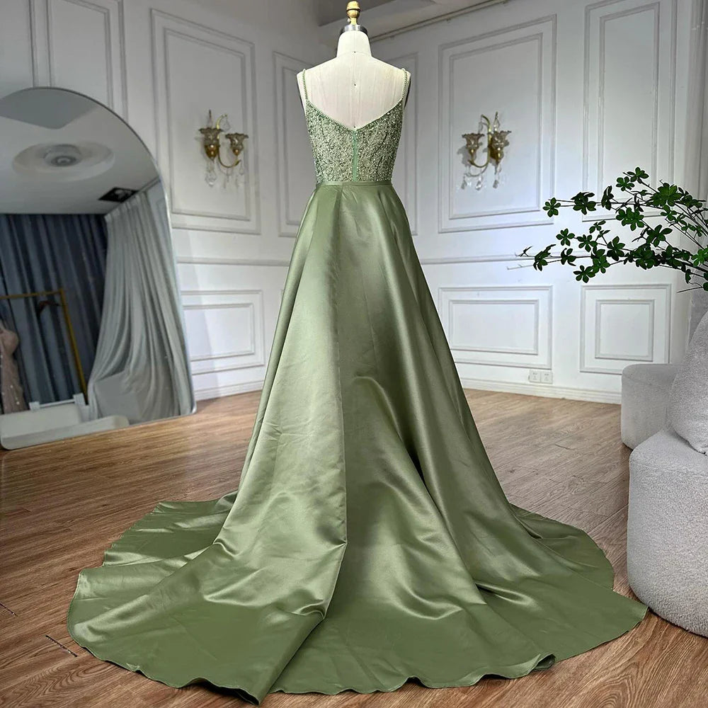 Luxus-Designer-Abendkleid mit Perlenbesatz in Salbeigrün und Überrock LA72733A
