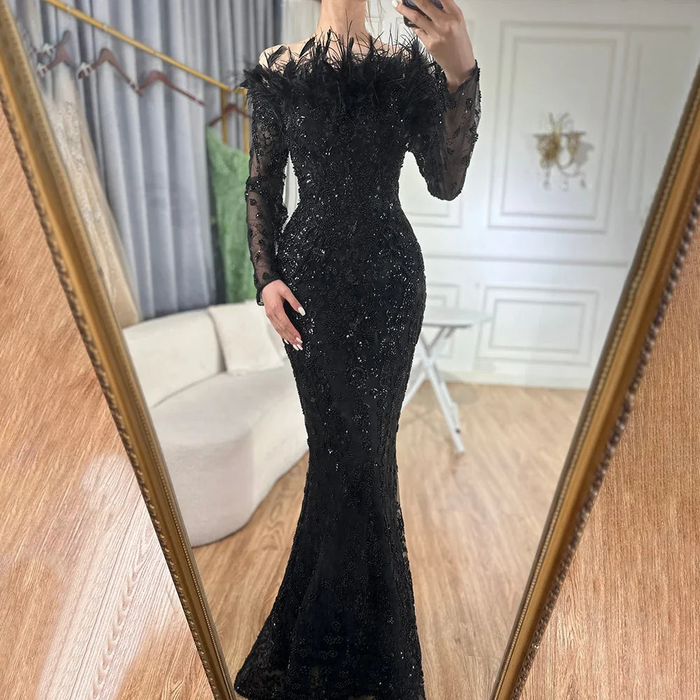 Luxury Dubai Green Boat Neck Mermaid Elegant Feathers Beaded Evening Dresses Gowns For Woman Wedding Party LA72553