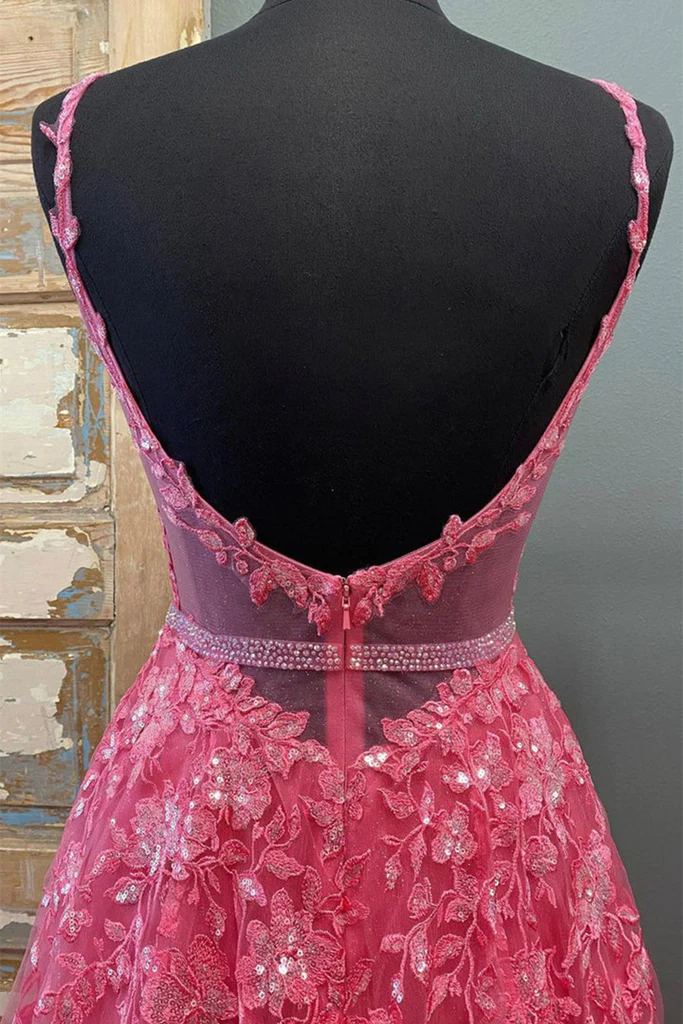 A Line V Neck Beaded Hot Pink Lace Long Prom Dress, Hot Pink Lace Formal Graduation Evening Dress Y216