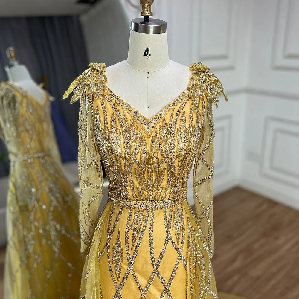 Muslim Gold Mermaid With Overskirt Beaded Luxury Dubai Evening Dresses Gowns 2025 For Women Wedding Party LA72211