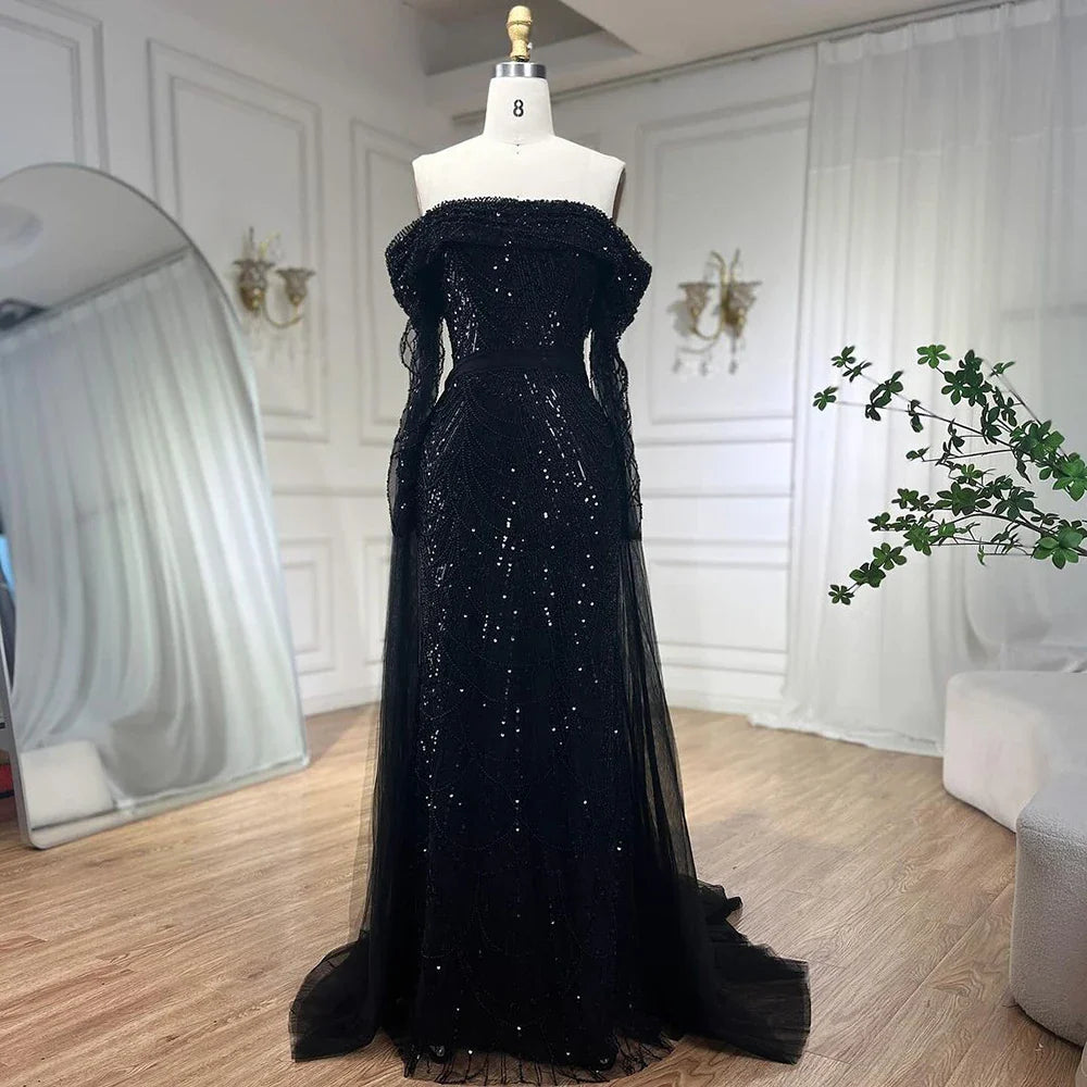 Vestido de noche sirena azul claro con hombros descubiertos y sobrefalda desmontable, Dubái LA72254