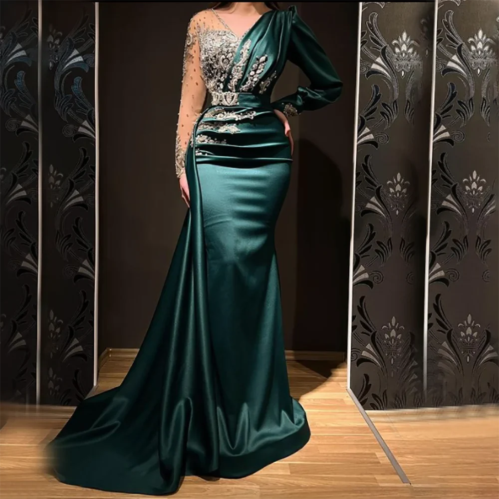 Vestidos de noche de satén verde sirena 2025, musulmanes, elegantes, con cuentas, de lujo, para mujer, fiesta, LA71370