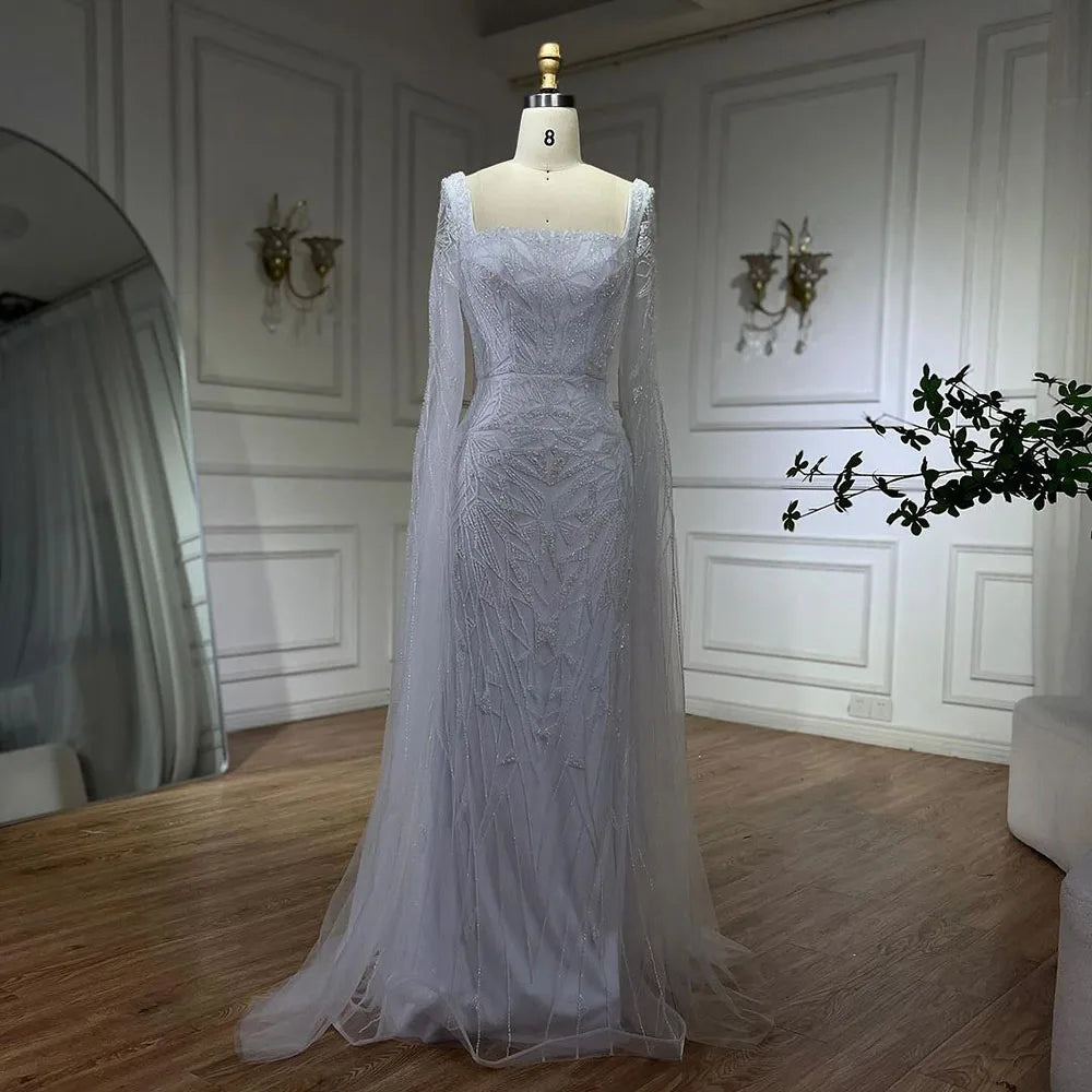 Vestidos de noche de lujo en rosa nude con mangas estilo capa LA72261