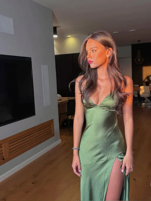 Sexy Spaghettiträger Grünes Ballkleid Langer Schlitz Abendkleid Y7912
