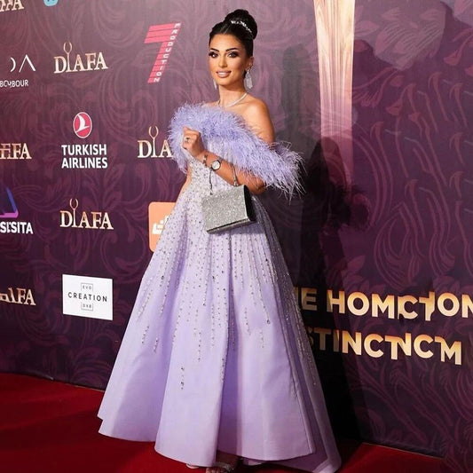 Vestidos de noche de lujo con hombros descubiertos, corte A, plumas y cuentas, para mujer, estilo árabe, fiesta 2025, LA71844