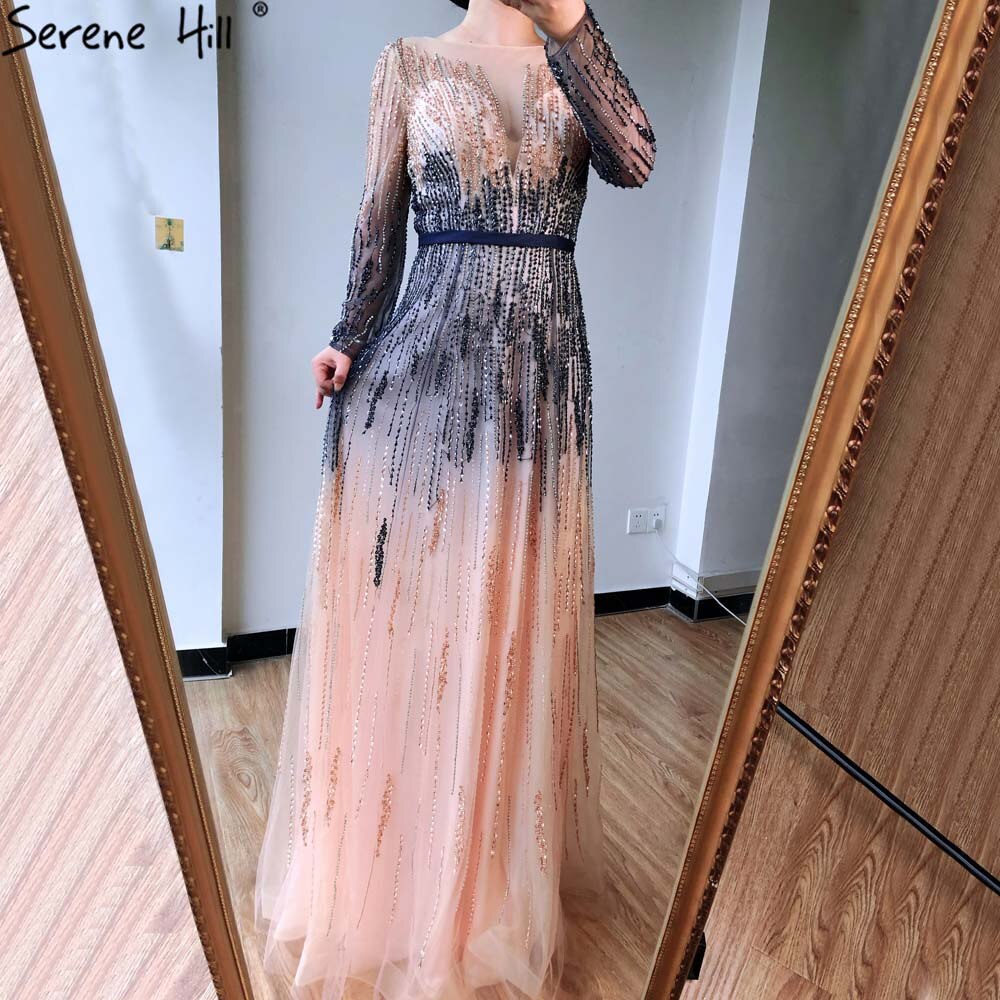 Gradient Luxus Abendkleider 2025 Lange Ärmel Perlenbesatz Funkeln A-Linie Abendkleid LA70323