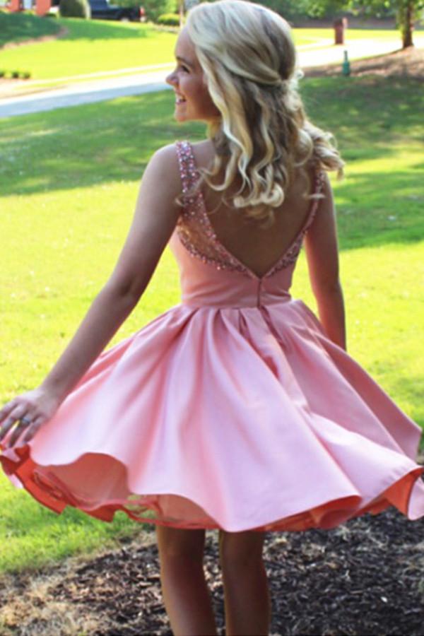 Stain Sheer Beaded Open Back Cheap Homecoming Dress, Party Dresses