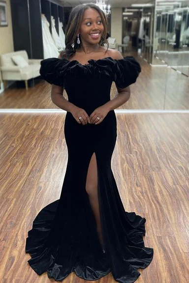 Ruffle Off the Shoulder Royal Blue Long Formal Dress with Slit,Charming Evening Dress Y1569