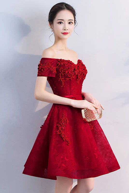 Vestido corto de fiesta con encaje de tul burdeos Y256