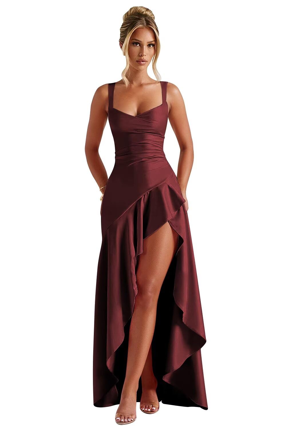 Satin Ruffles Prom Dresses for Teens Hi-Low Aline Cocktail Dresses for Women QA204