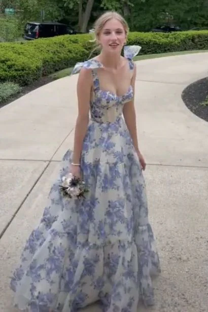 A-line Blue Floral Print Long Prom Dress Blue Evening Dress Y2560