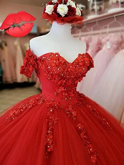 Vestido de fiesta de tul rojo con corte en A y encaje, para quinceañeras Y1221