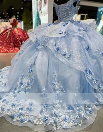 Hermoso vestido de fiesta de quinceañera con apliques de tul azul y hombros descubiertos Y7835