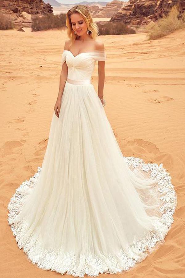 Fabulous White A-line Off Shoulder Tulle Wedding Dresses with Sweep Brush Train MW235