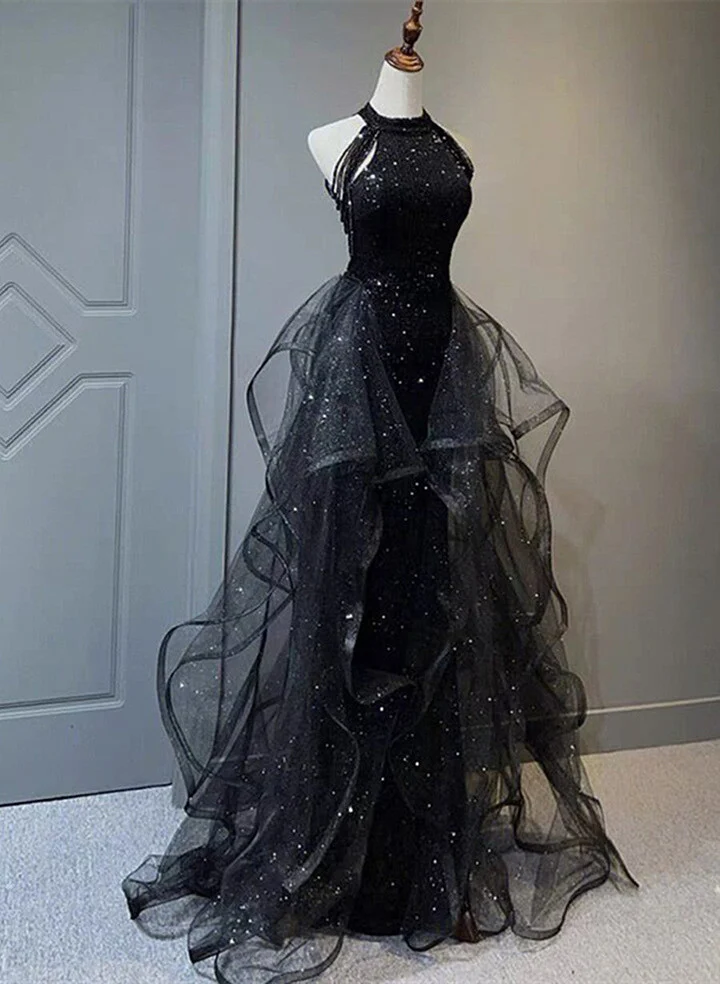 Abendkleid mit hohem Ausschnitt, schwarzem Neckholder, glänzendem Tüll und Pailletten, schwarzes Tüll-Ballkleid Y1864