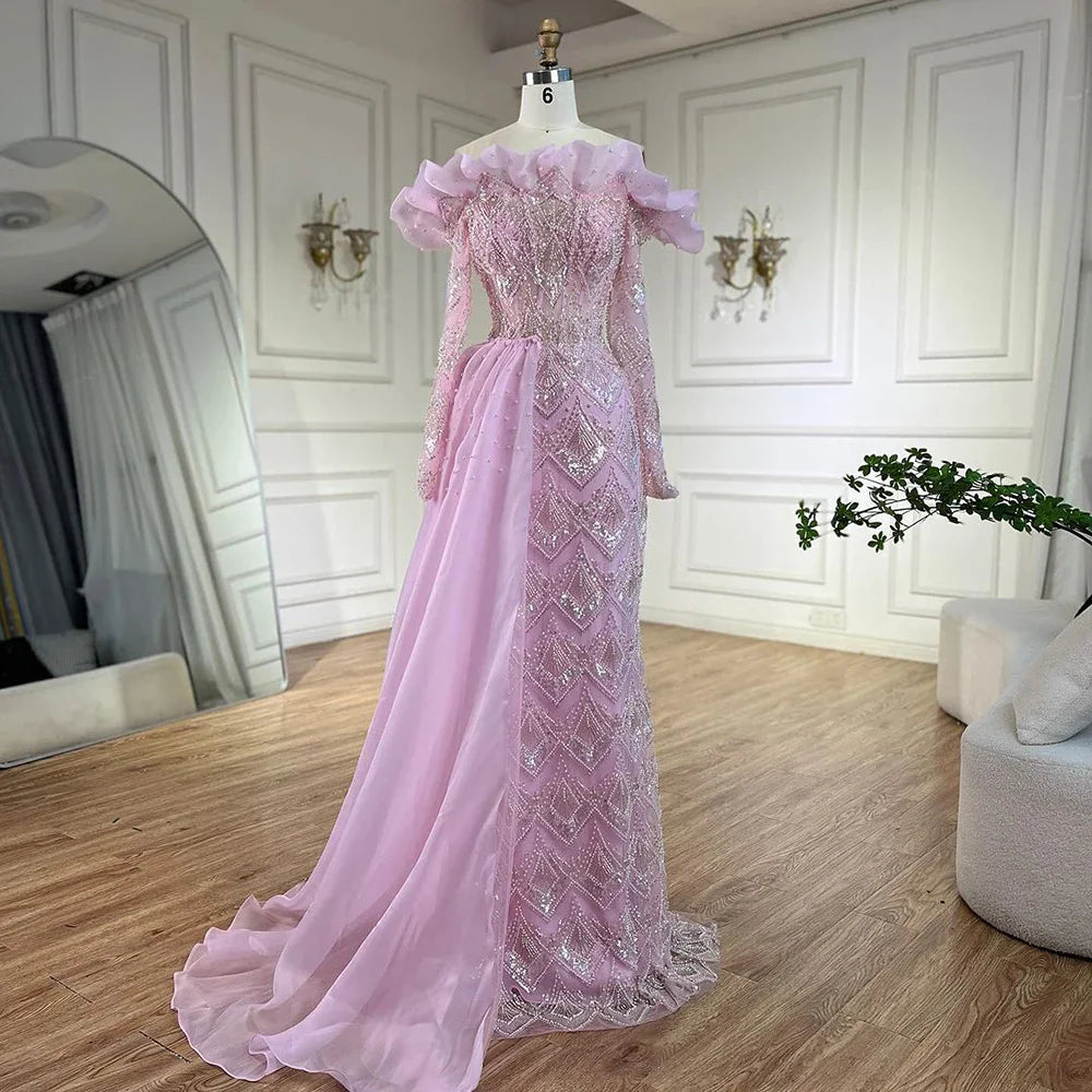 Elegante vestido de noche de lujo con escote sirena árabe en naranja y perlas para mujer, ideal para fiestas 2025 LA71649A