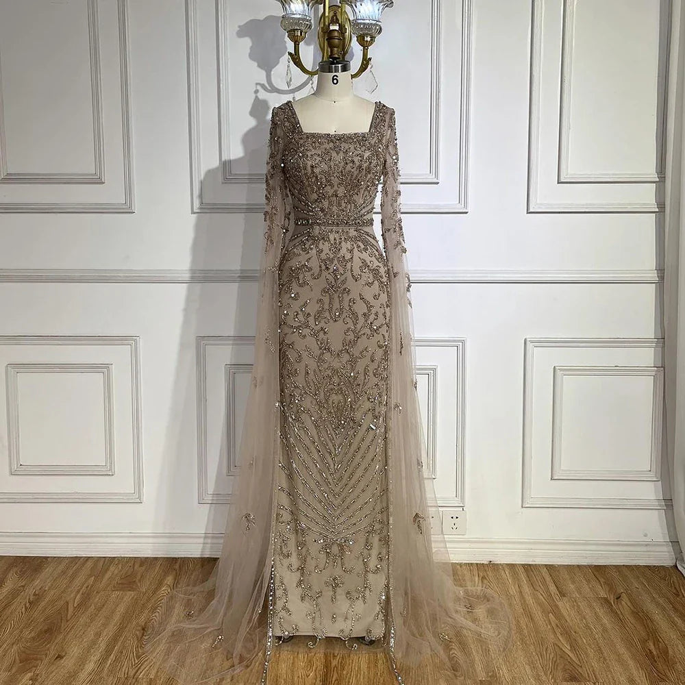 Luxuriöses arabisches türkisfarbenes Abendkleid mit Cape-Ärmeln LA72400