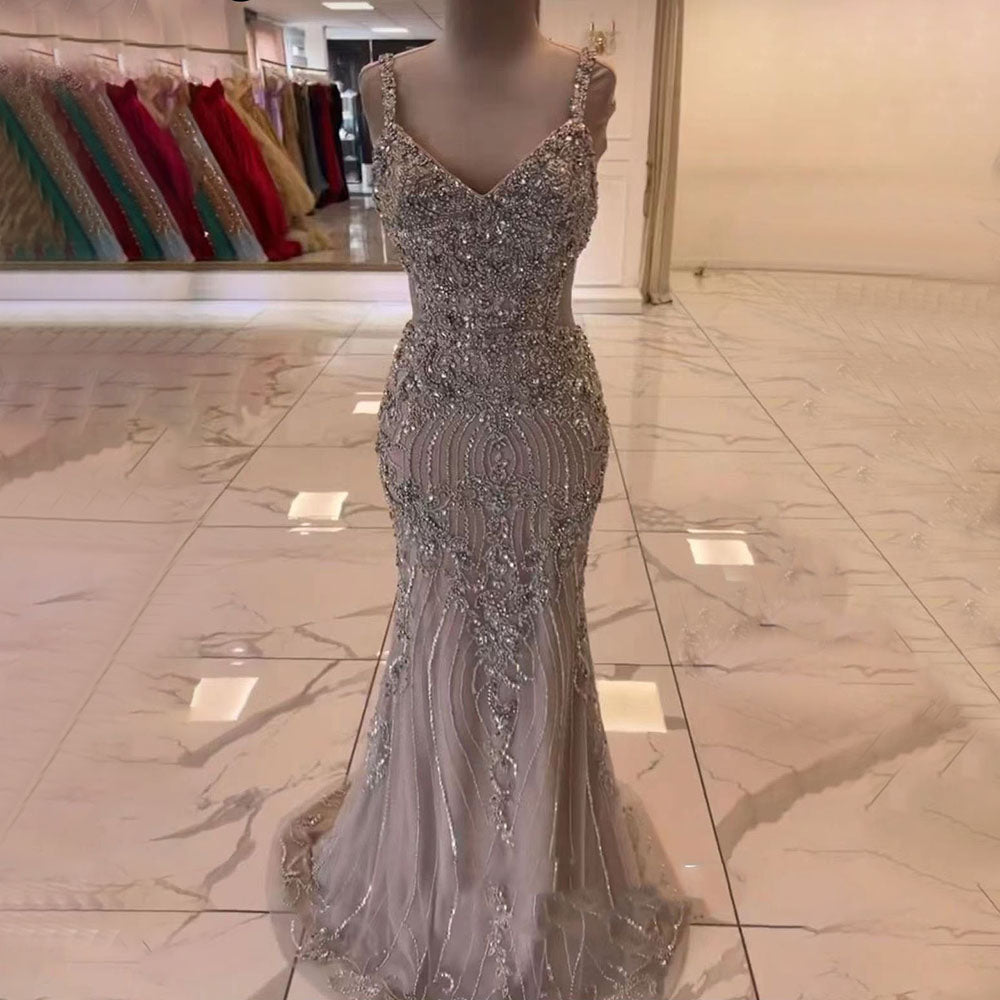 Vestidos de noche de lujo de sirena verde, elegantes vestidos de noche con cuentas y tirantes finos para mujer, fiesta LA71652