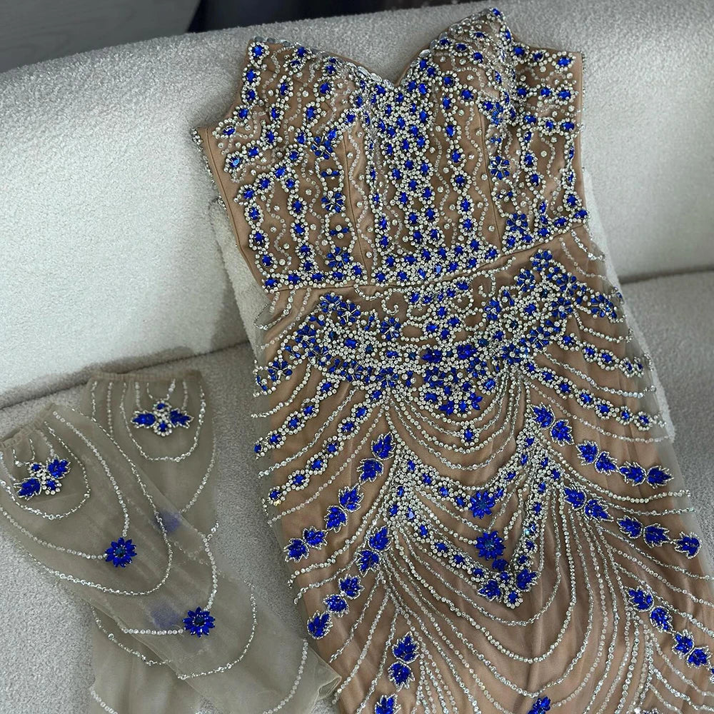 Luxuriöses blaues Abendkleid mit Perlen für formelle Anlässe LA72858