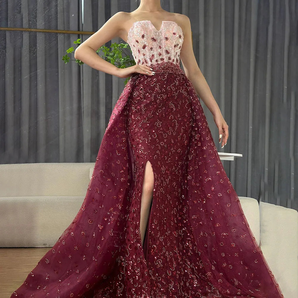 Vestido de fiesta azul de corte sirena con abertura alta y falda corazón, sin tirantes y con cuentas, para mujer, noche formal, 2025, LA71796