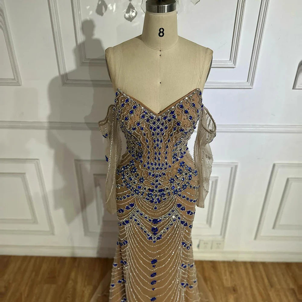 Luxuriöses blaues Abendkleid mit Perlen für formelle Anlässe LA72858