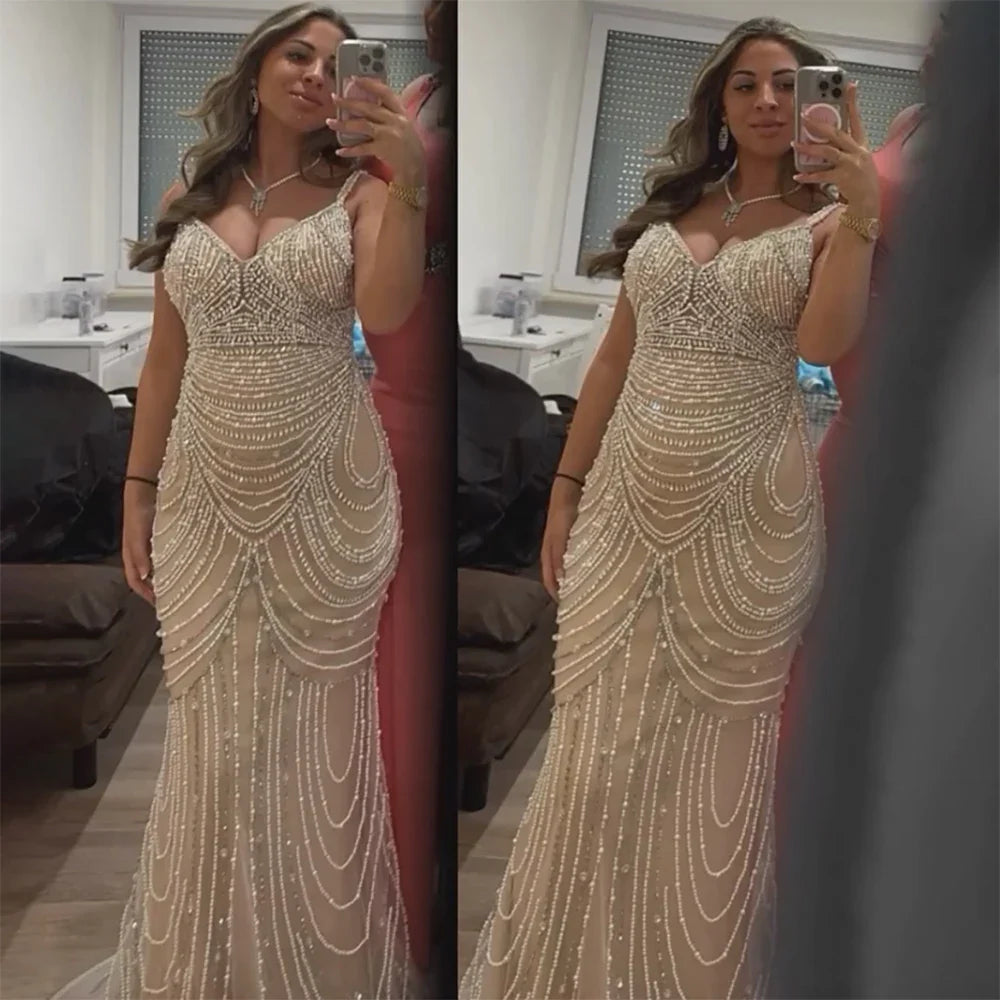 Vestido de noche árabe saudí con cuentas color piel y tirantes finos para ocasiones formales LA72253A 2025