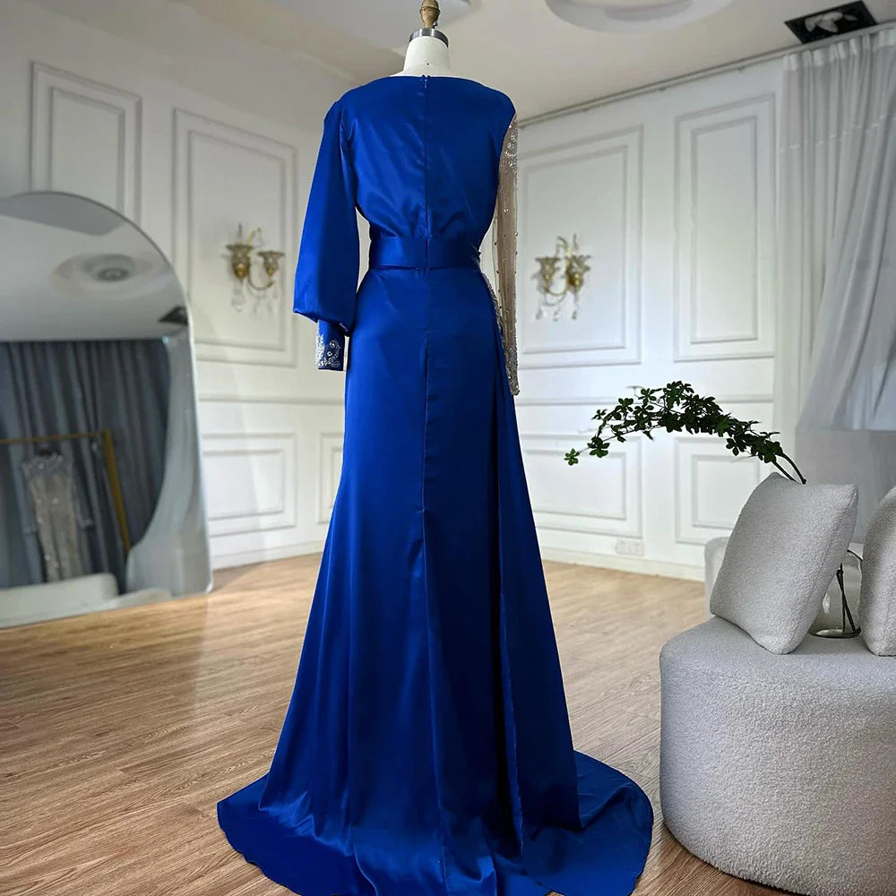 Vestidos de noche de satén verde sirena 2025, musulmanes, elegantes, con cuentas, de lujo, para mujer, fiesta, LA71370