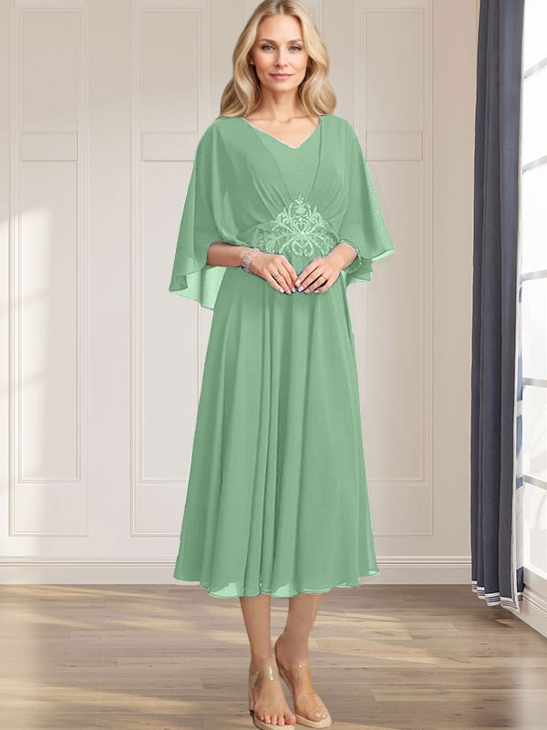 A-Linie V-Ausschnitt Wadenlanges Chiffonkleid für die Brautmutter mit plissierten Paillettenapplikationen Spitzenbesatz